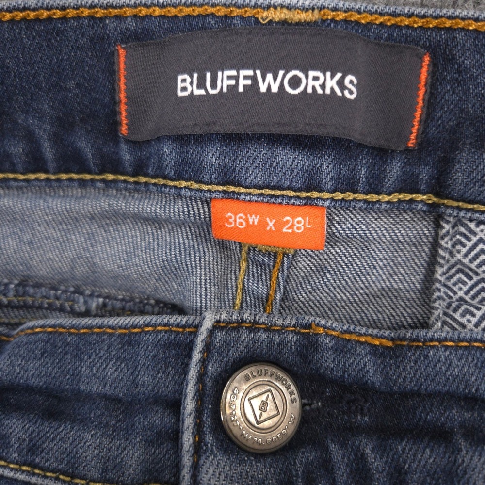 Bluffworks Departure Jeans Mens 36X28 Blue COOLMAX Performance Medium Wash Denim - Picture 11 of 13